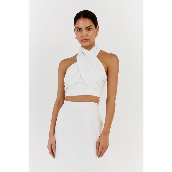$100 DISSH Gina White Linen Halter Crop Top - US 10 - Picture 1 of 5
